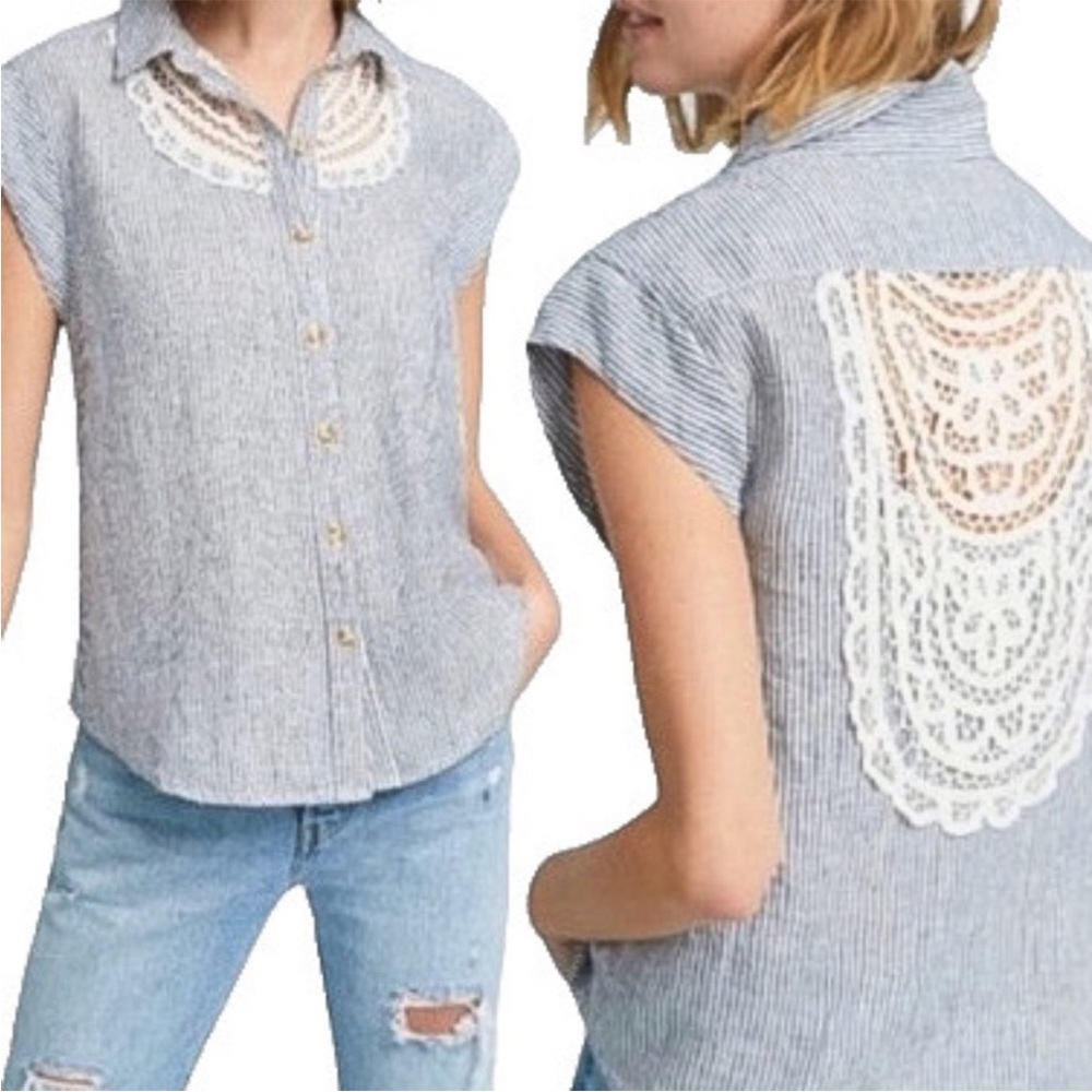 Maeve Anthropologie Camp Linen  Crochet Buttons Down Striped Blouse Size Medium